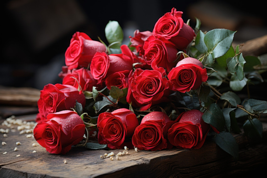 Red roses in a rustic bouquet symbolizing everlasting love