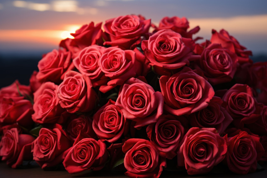 Red roses flourishing in the soft glow of twilight