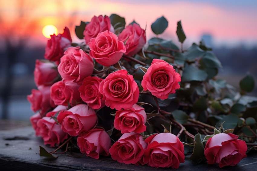 Capturing the essence of love with red roses against a twilight backdrop
