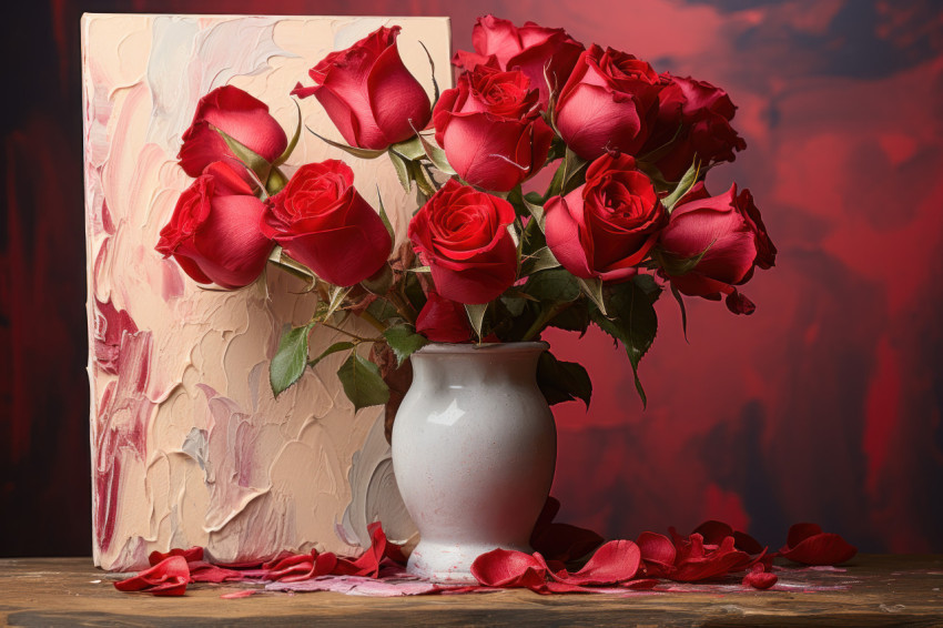 A bouquet of red roses artfully arranged on a palette