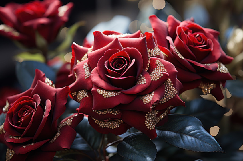 Radiant red roses elevated to opulent heights with the shimmer of gold leaf