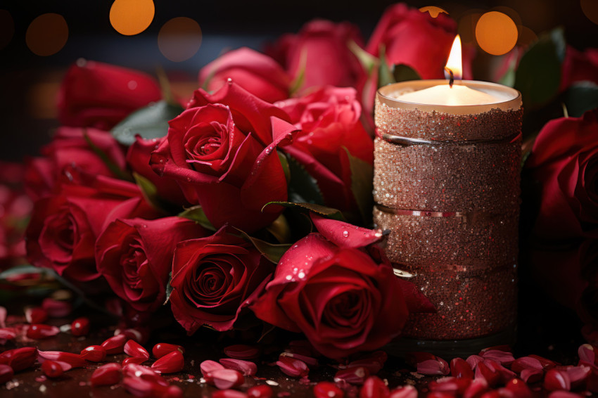 Red roses and candlelit confetti create a romantic setting