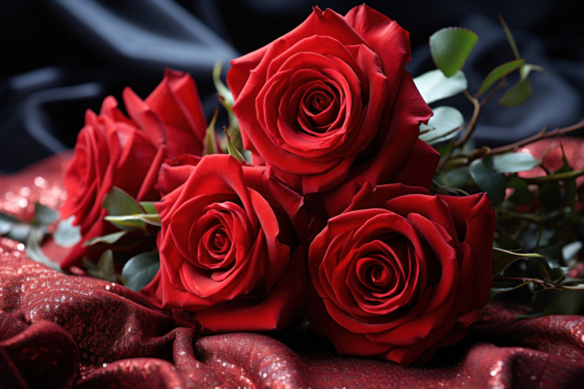 Red roses nestled on a velvety canvas of love