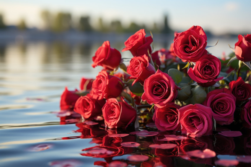 Red roses in a clear lake a symbol of love and serenity