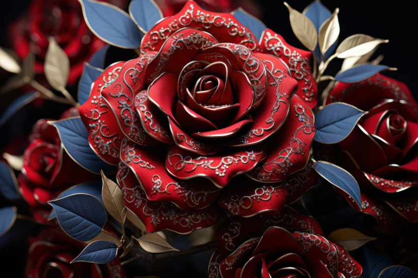 Red roses adorned with shimmering gold leaf