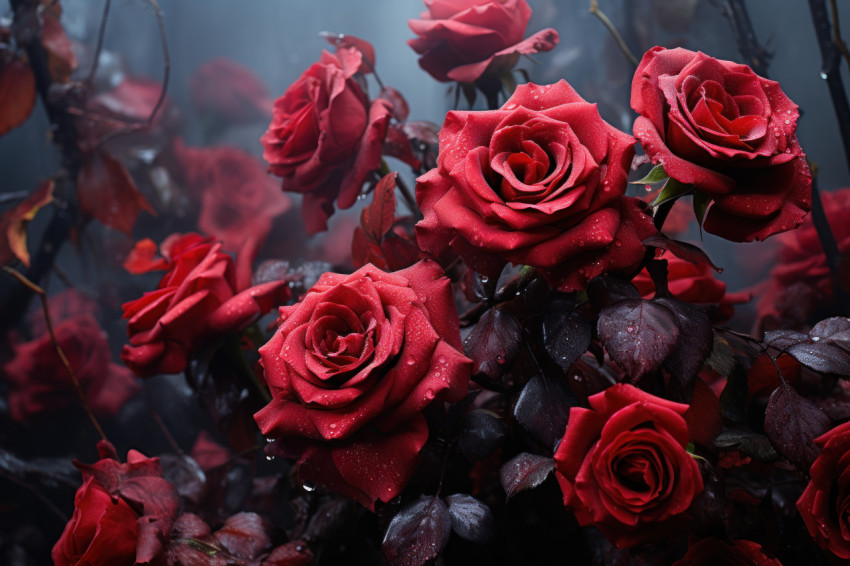 Alluring red roses surrounded by a captivating mist