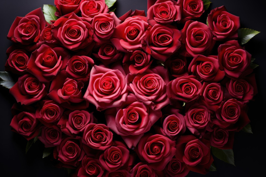 Overhead view of a heart shaped arrangement with red roses