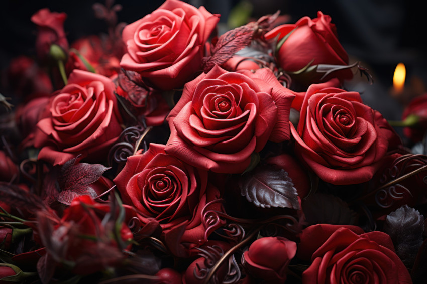 In a world of magical love red roses bloom amid mystical symbols and artifacts