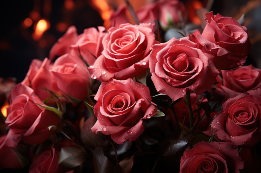 Magical lighting enhances the allure of vibrant red roses