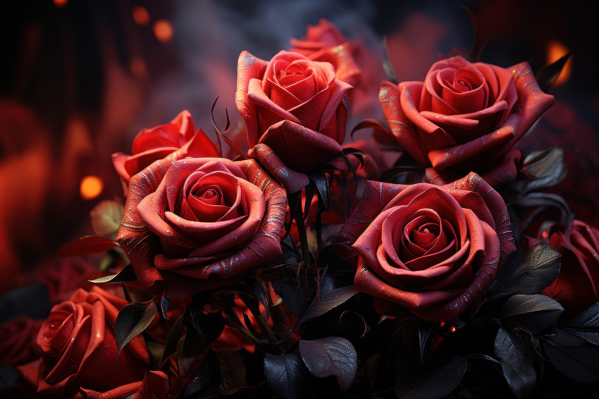 Otherworldly ambiance with radiant red roses and mystical lights