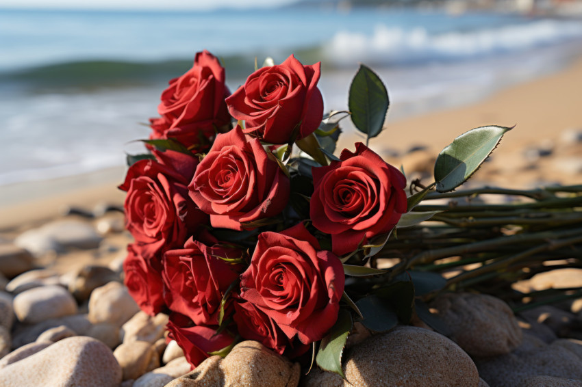 Red roses gracefully placed on a sandy shore