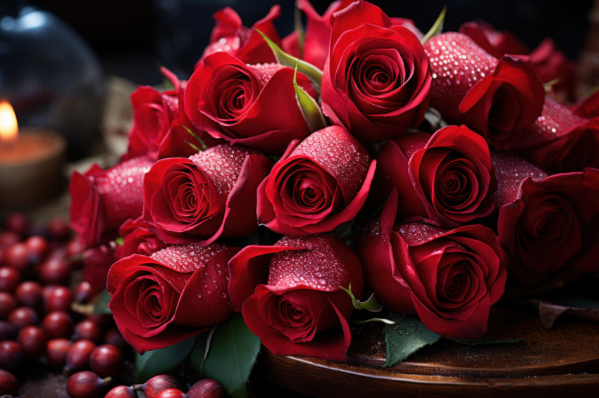 Red roses amidst a fragrant tapestry of spices