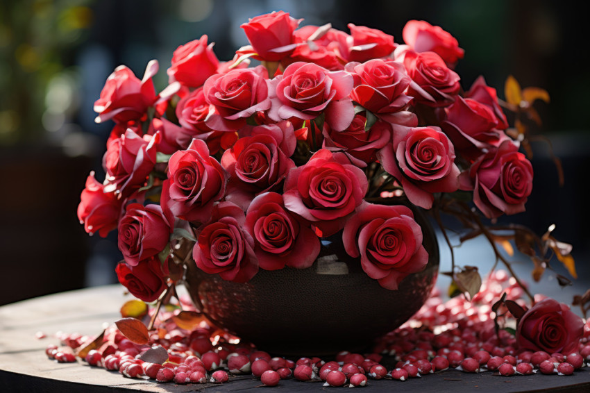 Red roses blooming in a peaceful garden a symbol of love and serenity