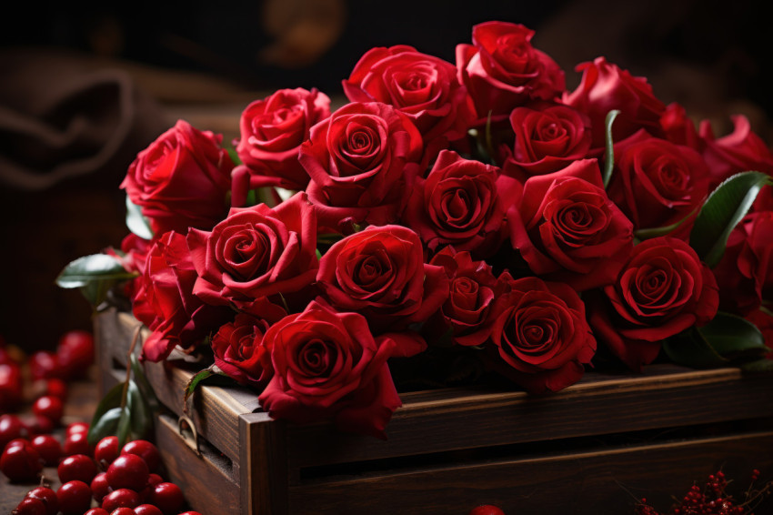 Red roses arranged in a vintage wooden crate a symbol of enduring love