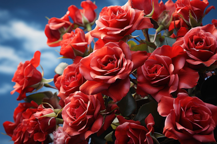 Gravity defying red roses surrounded by dreamlike clouds