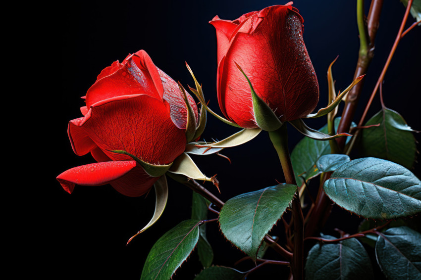 The symbolic intertwining of red roses in a gesture of passion