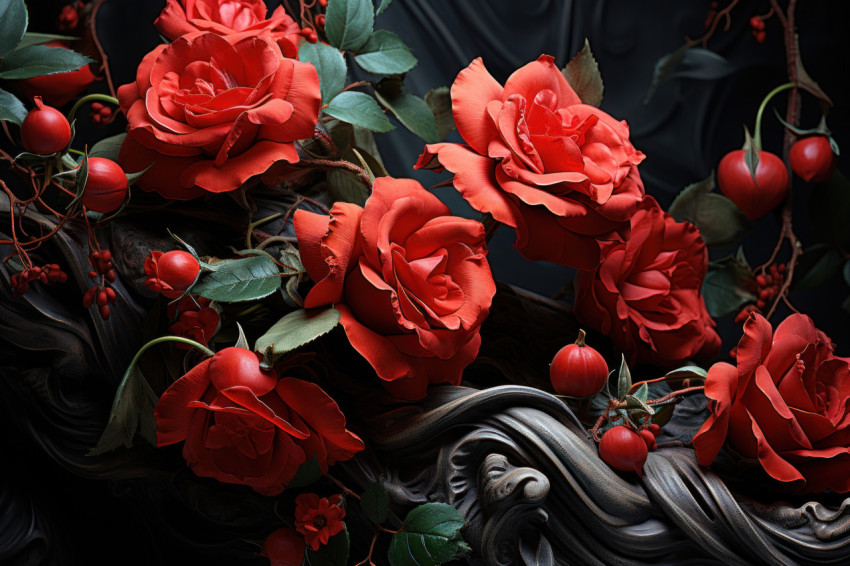 Red roses in a setting that echoes renaissance art