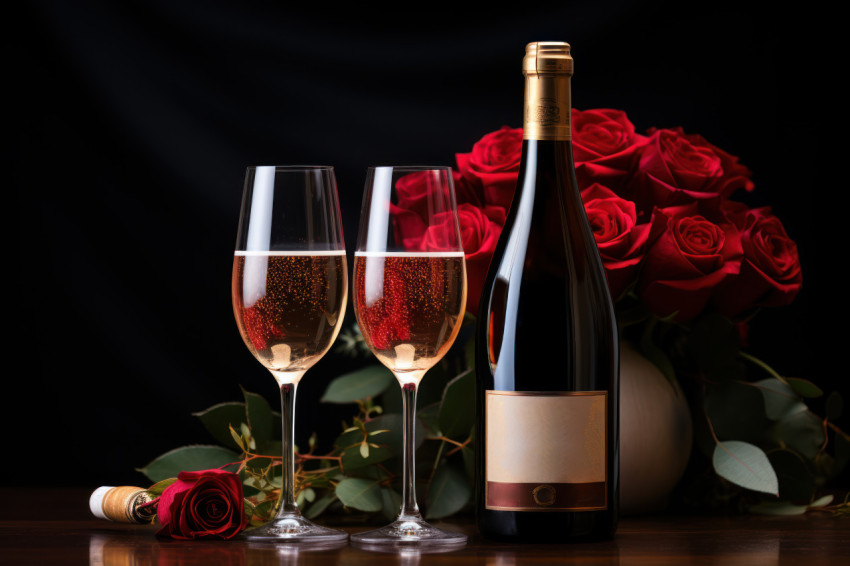 Romantic setting with red roses champagne and glasses