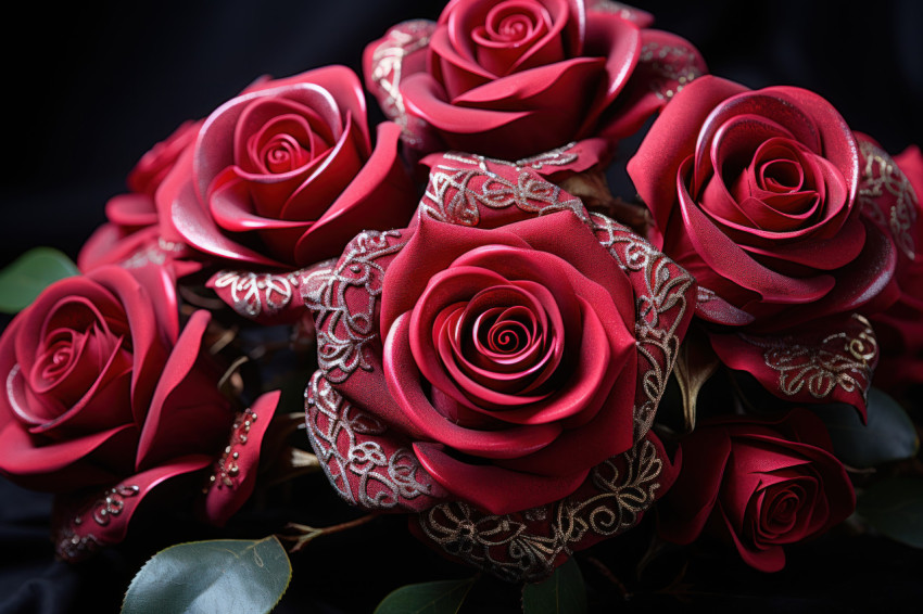 Elegantly adorned red roses with lavish jewels a visual ode to deep and passionate love