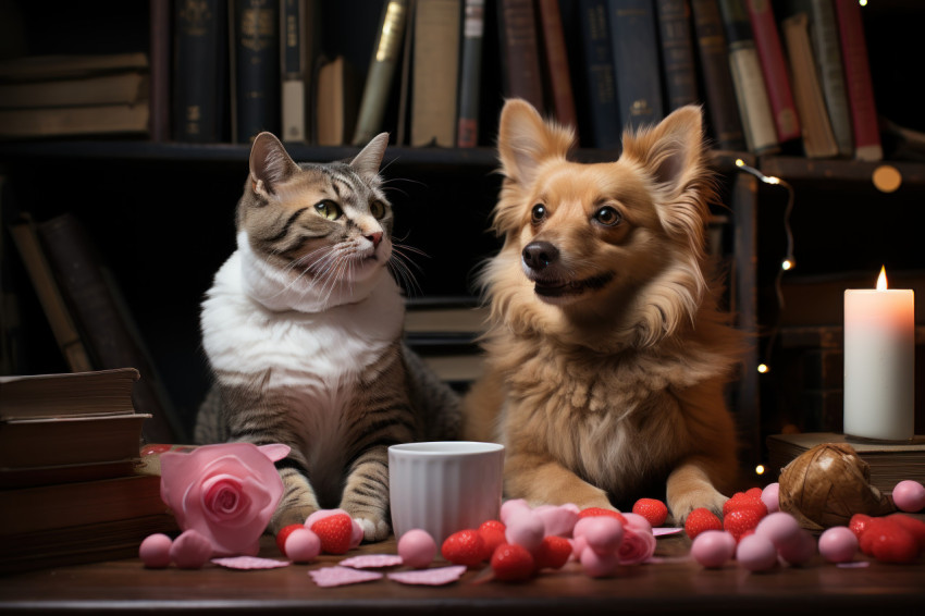 Couple enjoying the company of playful pets while exchanging gifts for their furry friends