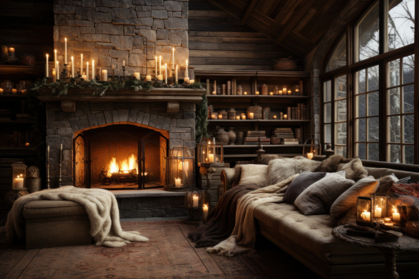 Candlelit stone mantle in the heart of a cozy cabin