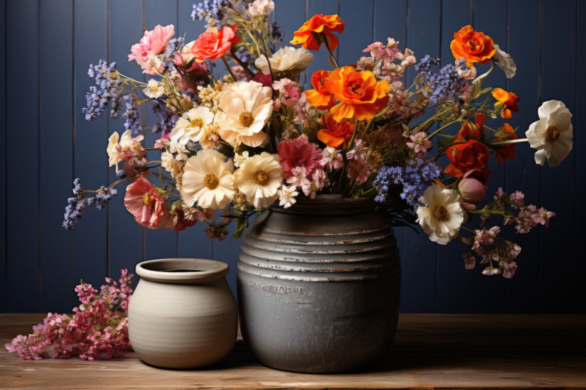 Rustic wooden table with asymmetrical wildflower display