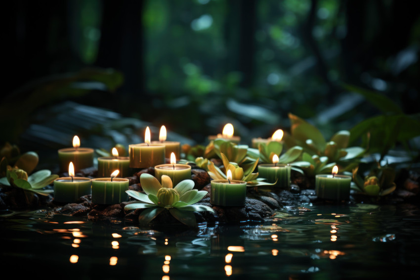 Floating candles amidst calm waters and lush surroundings