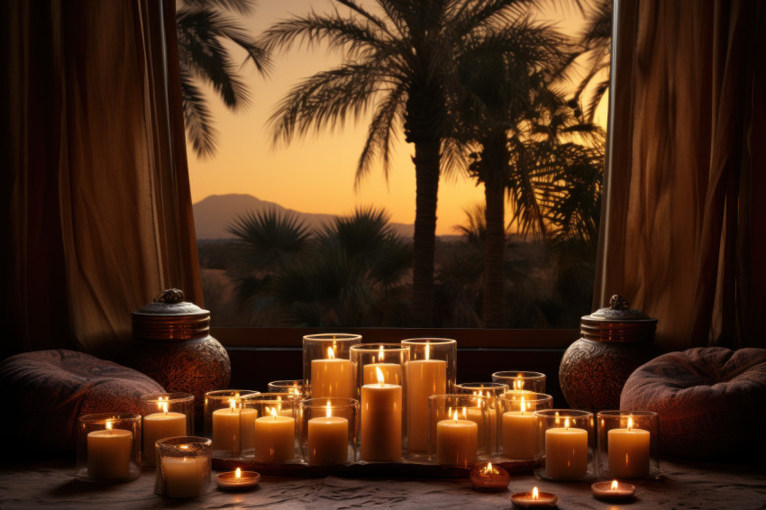 Candle lit desert scene with palm trees and setting sun