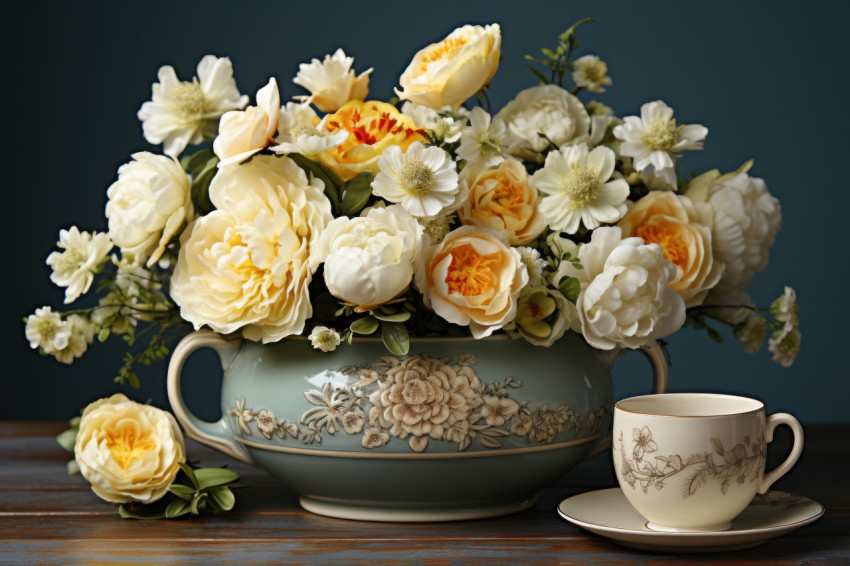 Vintage tea party with antique silver bowl blooms