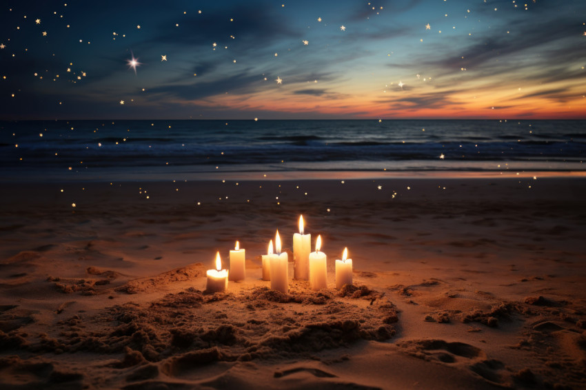 Candles in the sand enhance the warm atmosphere of a beach bonfire