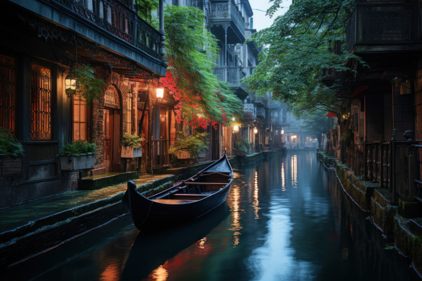 Gondola ride through a dreamy canal at twilight