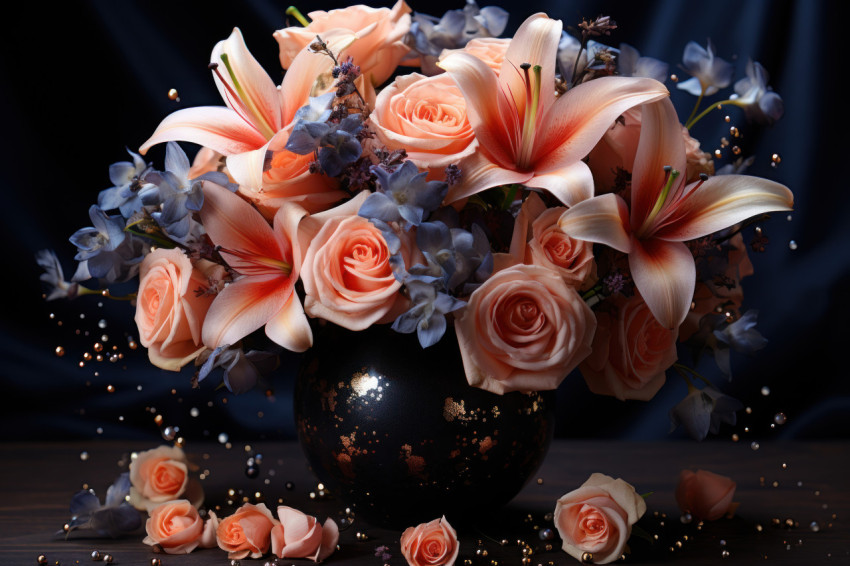 Celestial inspired arrangement of flowers including galaxy colored roses