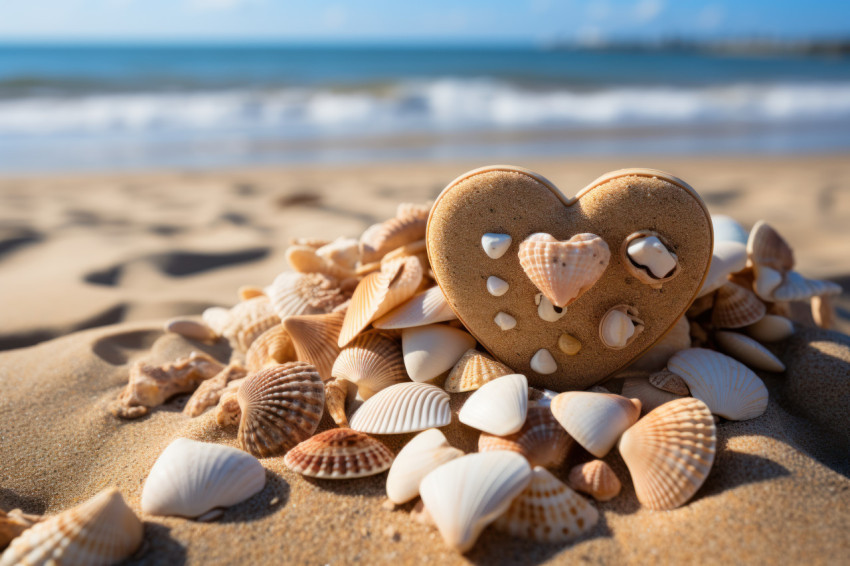 Heart cookies partially buried in the sand with seashells