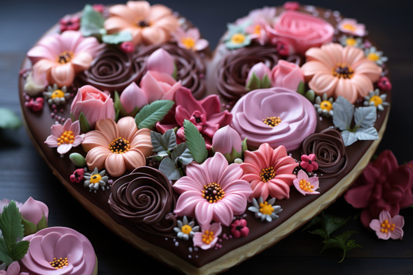 Heart shaped cookies forming a wreath amidst vibrant flowers