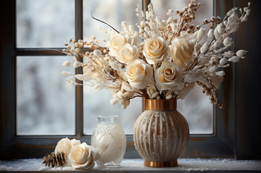 Elegant arrangement of white roses and pinecones on a frosty glass table