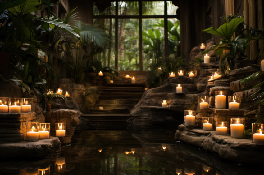 Romantic setting with candles enhancing a waterfall