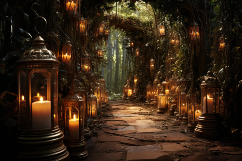 Garden path adorned with flickering candles in enchanting lanterns