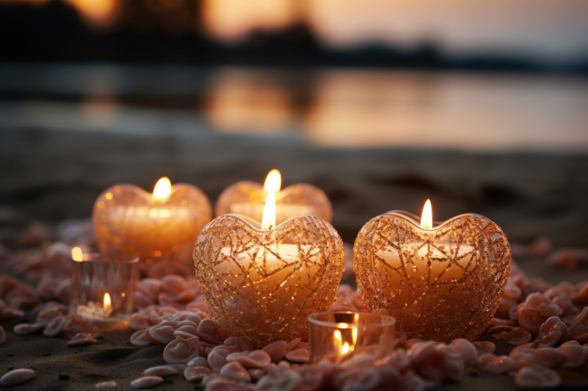 Heart shaped candles on a beach with gentle waves