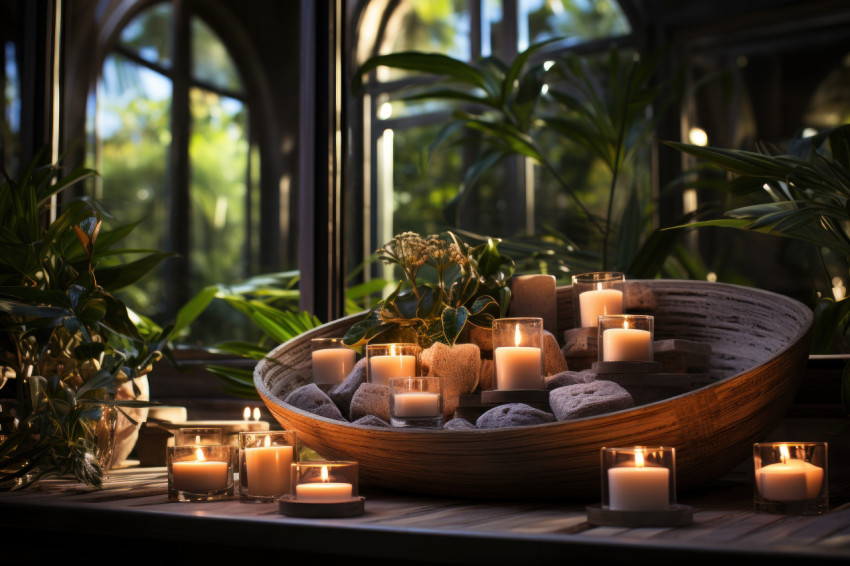 Tranquil jacuzzi scene illuminated by thoughtfully placed candles