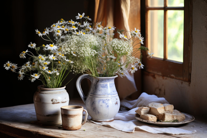 Vintage french countryside table with lavender and timeless clay jug