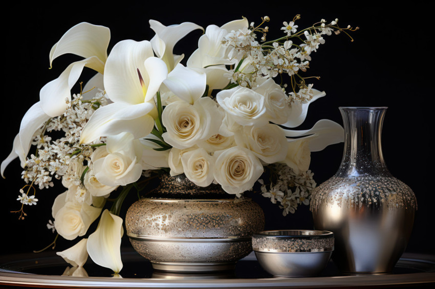 Monochromatic setting with calla lilies anemones and orchids in silver elegance