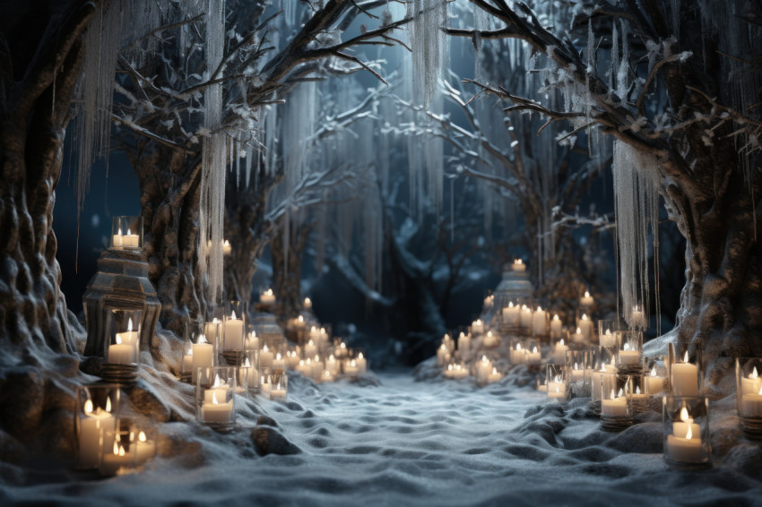 Snowy forest scene with candles in enchanting ice lanterns