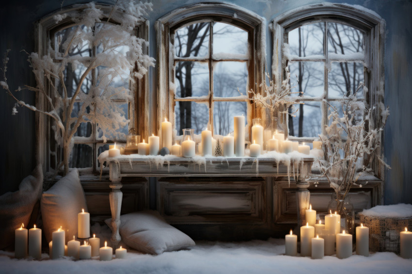 Candles casting a gentle light on frosty windowsills