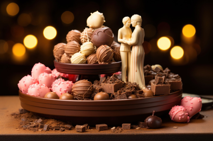 Couples twirl and dance on a chocolate carousel adorned with heart shaped truffles