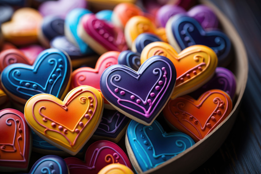 Heart shaped cookies form a rainbow embracing inclusivity and affection