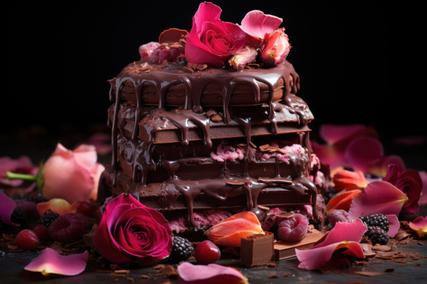 Rose petals surrounding dark chocolate over strawberries