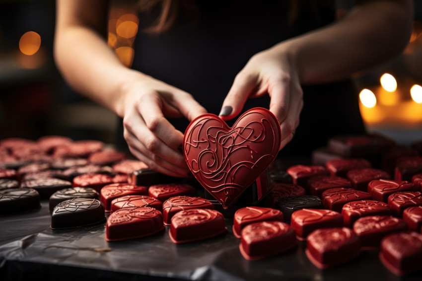 Hands skillfully crafting a red ribbon bow on heart chocolates