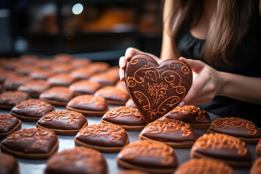 Close up of skilled baker adding vibrancy to heart shaped treats