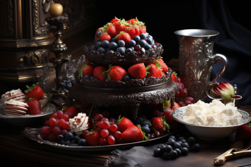 Chocolate dipped strawberries in a lavish victorian presentation