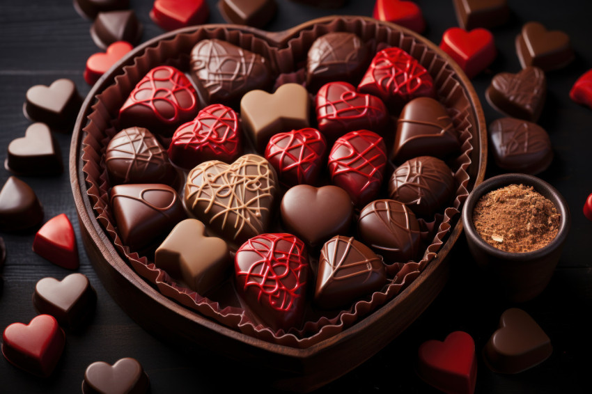 Hypnotic visual effect of heart chocolates on dark background